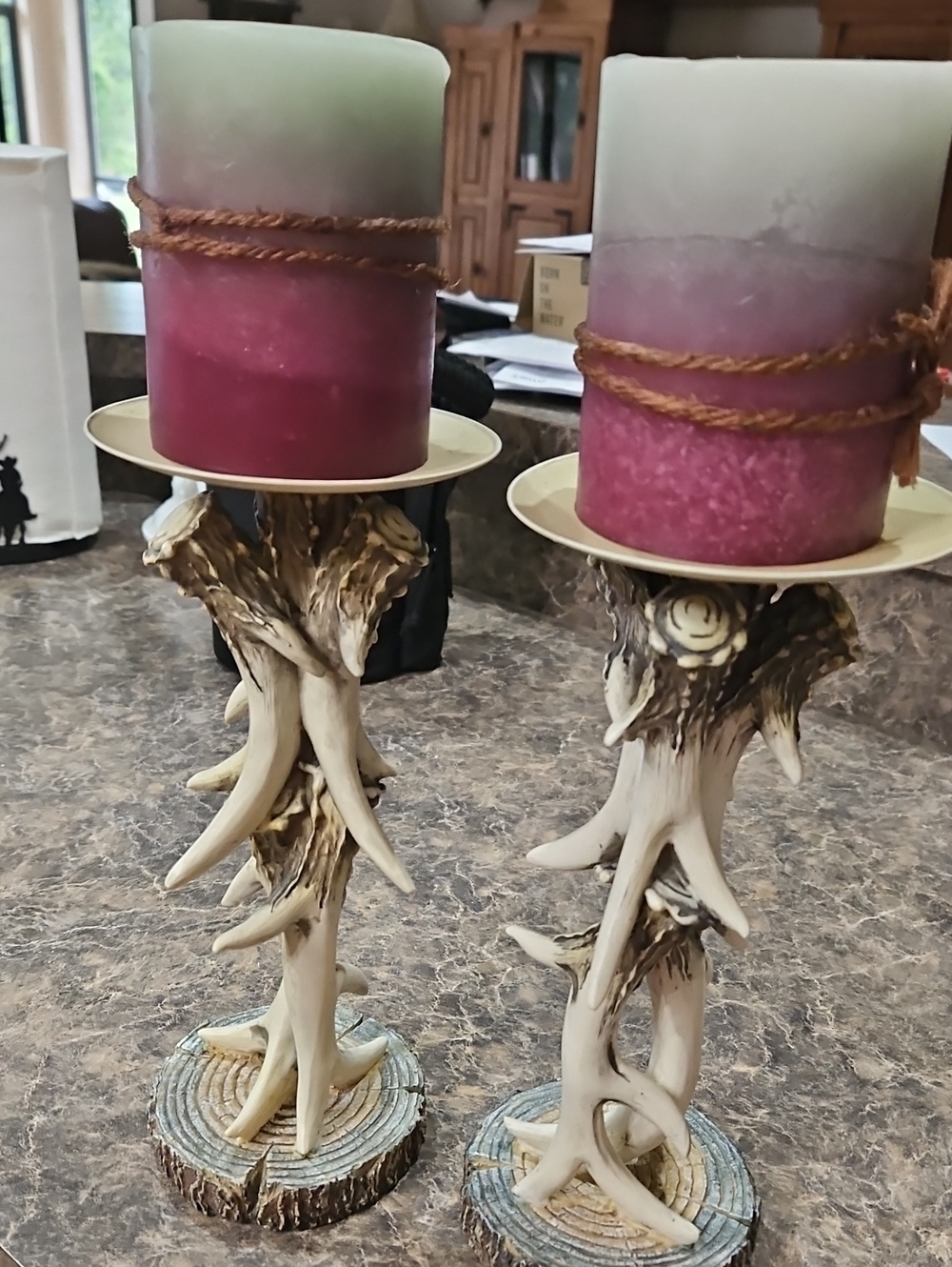 Antler-Style Candle Holders with Two-Tone Burgandy and Green Candles